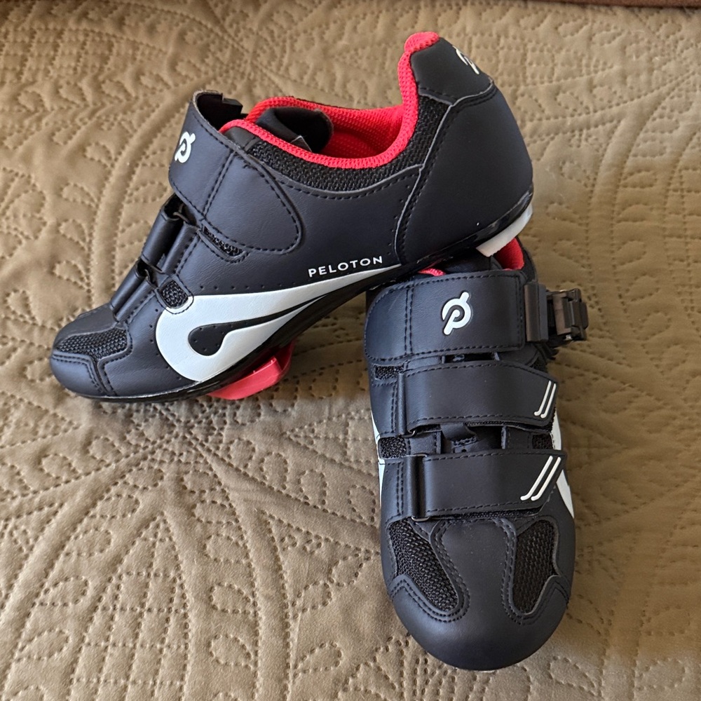 Peloton Cycling Shoes - Black with White and Red Accents